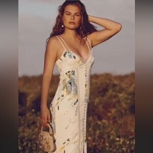 Anthropologie White Floral Midi Dress with Yellow & Blue Accents